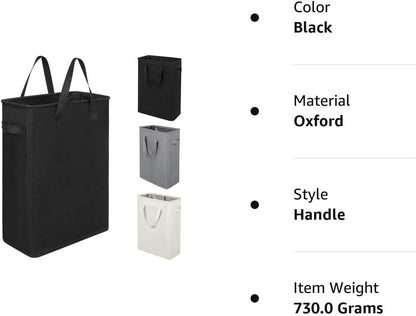 45L Slim Foldable Laundry Hamper with Handles – Black