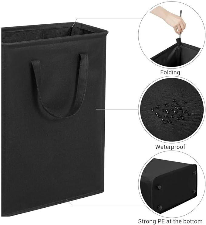 45L Slim Foldable Laundry Hamper with Handles – Black