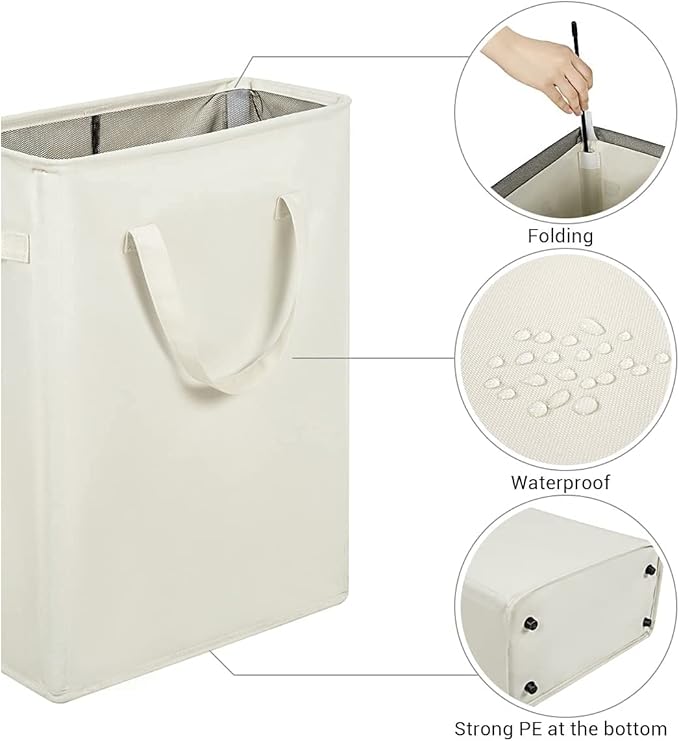 45L Slim Collapsible Laundry Hamper with Handles – Beige