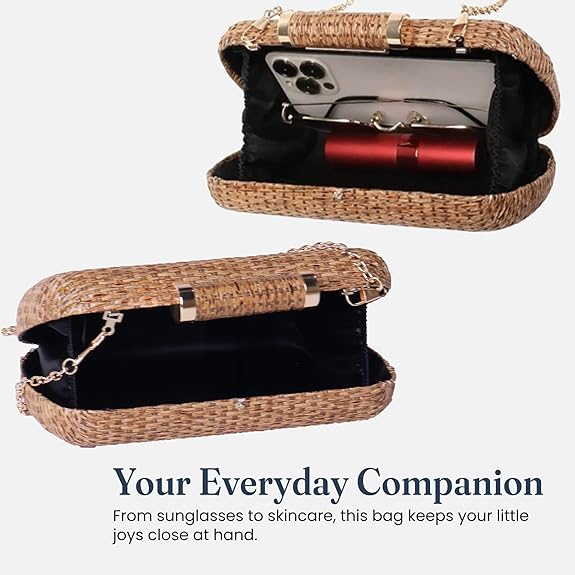 Handwoven Straw Clutch Purse with Detachable Chains