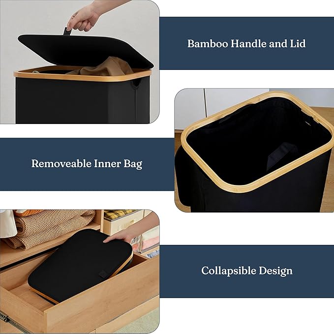 85L Slim Laundry Hamper with Lid & Handles, black