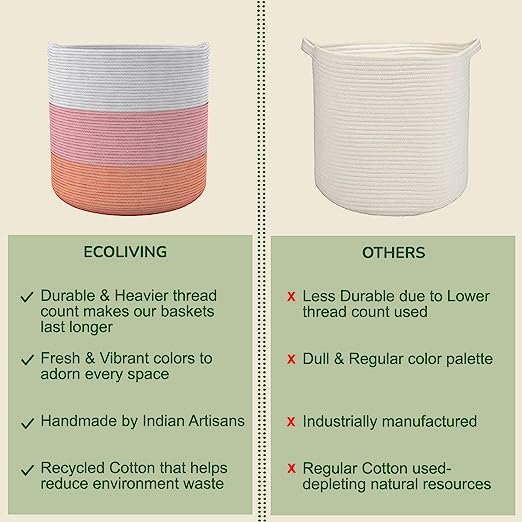 Cotton Basket without Lid Set of 3 Pink and White 11x11x11"