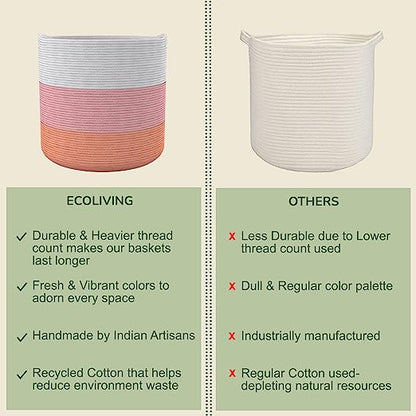 Cotton Basket without Lid Set of 3 Pink and White 11x11x11"