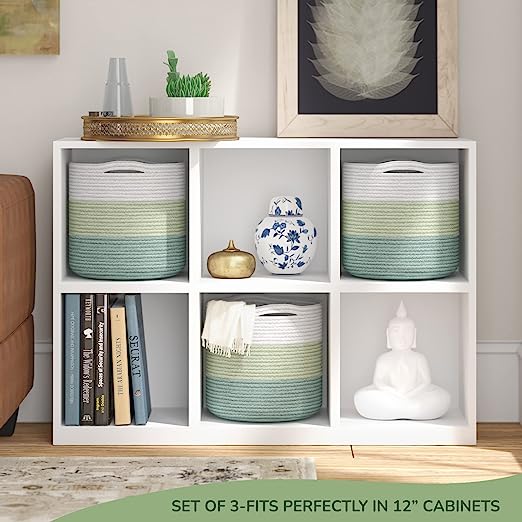 Cotton Basket without Lid Set of 3 Green and White 11x11x11"