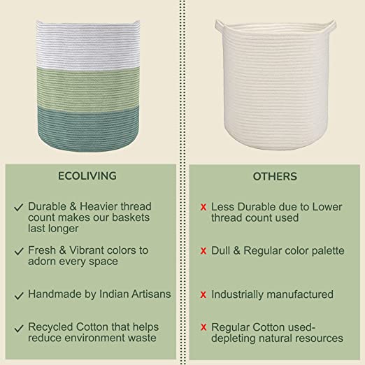 Cotton Basket without Lid Green and White 15x15x17.7"