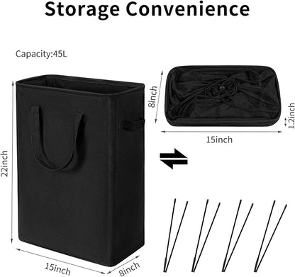 45L Slim Foldable Laundry Hamper with Handles – Black