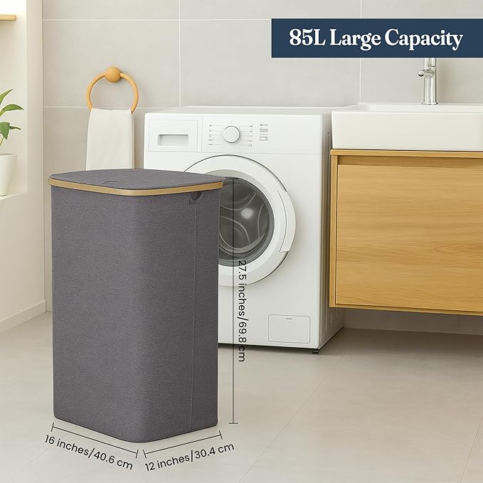 85L Slim Foldable Laundry Hamper with Lid, gray
