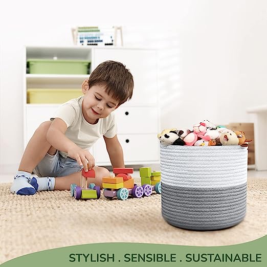 Cotton Basket without Lid Set of 3 White/Grey 11x11x11"