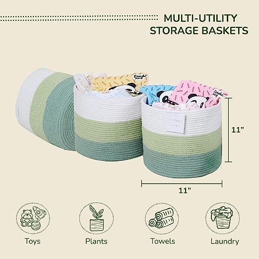 Cotton Basket without Lid Set of 3 Green and White 11x11x11"