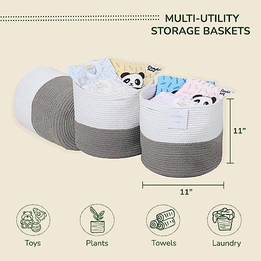 Cotton Basket without Lid Set of 3 White/Grey 11x11x11"
