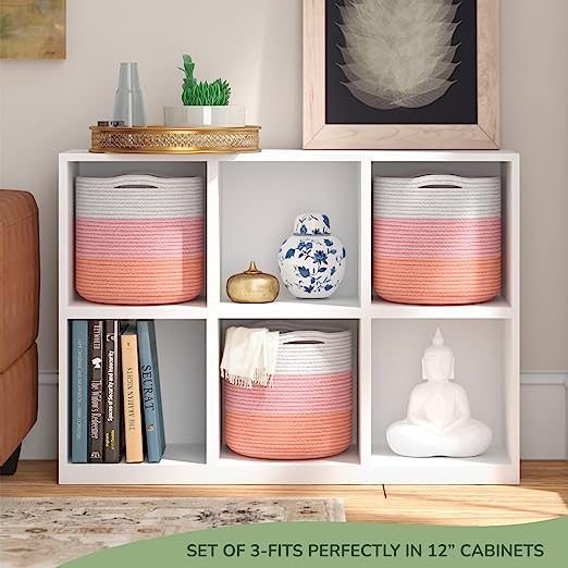 Cotton Basket without Lid Set of 3 Pink and White 11x11x11"