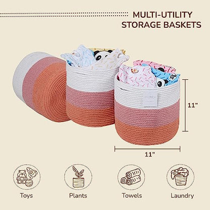 Cotton Basket without Lid Set of 3 Pink and White 11x11x11"