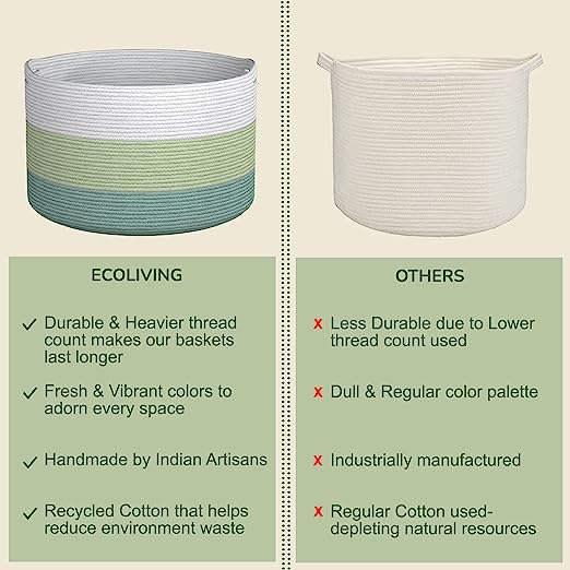 Cotton Basket without Lid Green and White 21.7x21.7x13.8"