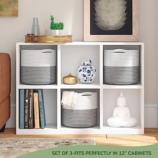 Cotton Basket without Lid Set of 3 White/Grey 11x11x11"