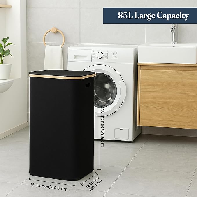 85L Slim Laundry Hamper with Lid & Handles, black