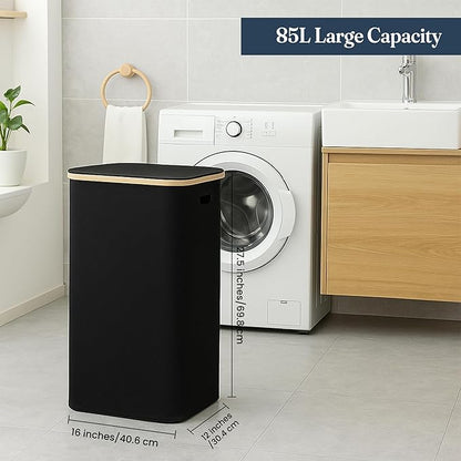 85L Slim Laundry Hamper with Lid & Handles, black