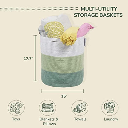 Cotton Basket without Lid Green and White 15x15x17.7"
