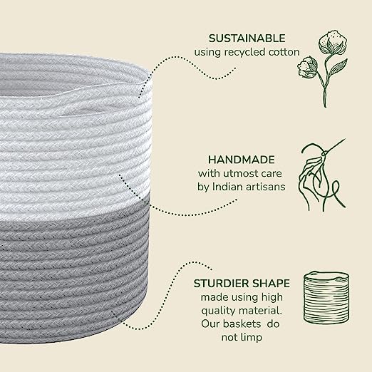 Cotton Basket without Lid Set of 3 White/Grey 11x11x11"