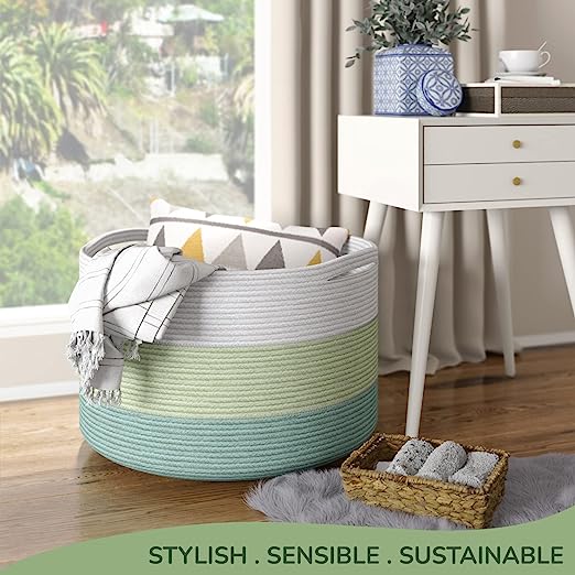 Cotton Basket without Lid Green and White 21.7x21.7x13.8"