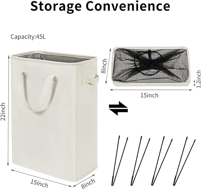 45L Slim Collapsible Laundry Hamper with Handles – Beige