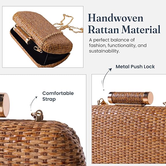 Handwoven Straw Clutch Purse with Detachable Chains