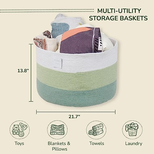 Cotton Basket without Lid Green and White 21.7x21.7x13.8"