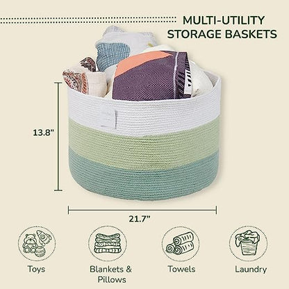 Cotton Basket without Lid Green and White 21.7x21.7x13.8"