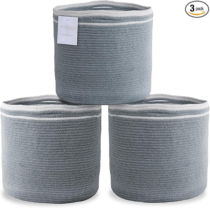 Eco Living Cotton Basket Set of 3, Cotton, 11x11x11, Gray