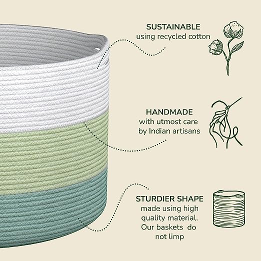 Cotton Basket without Lid Set of 3 Green and White 11x11x11"