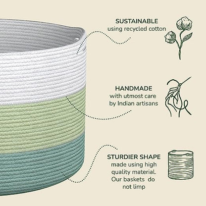 Cotton Basket without Lid Set of 3 Green and White 11x11x11"