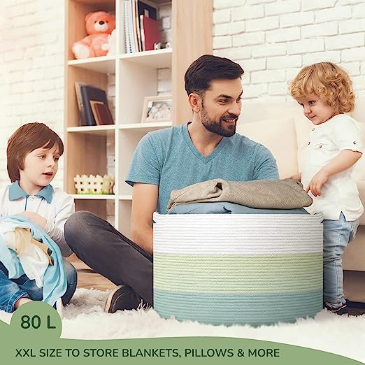 Cotton Basket without Lid Green and White 21.7x21.7x13.8"