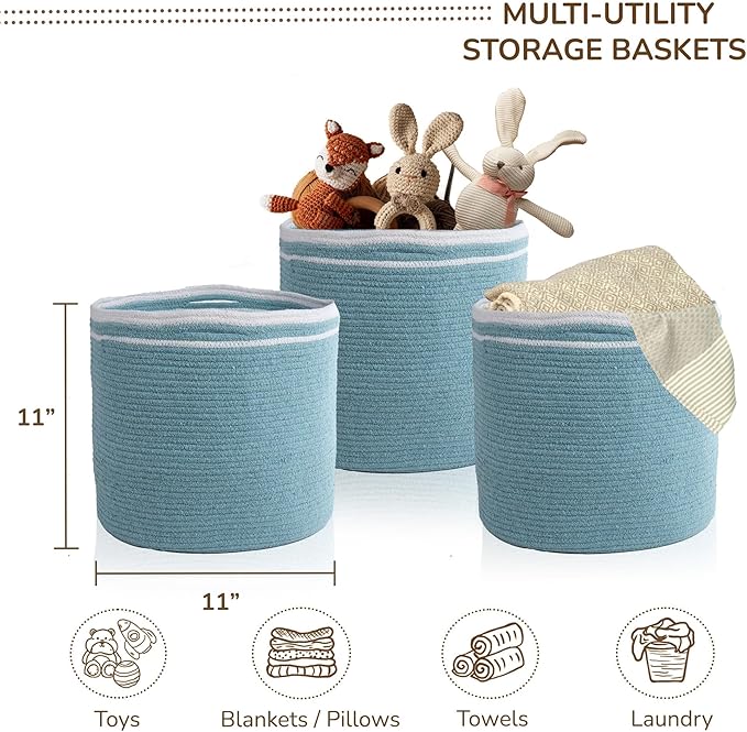 Eco Living Cotton Basket Set of 3, Cotton, 11x11x11, Blue