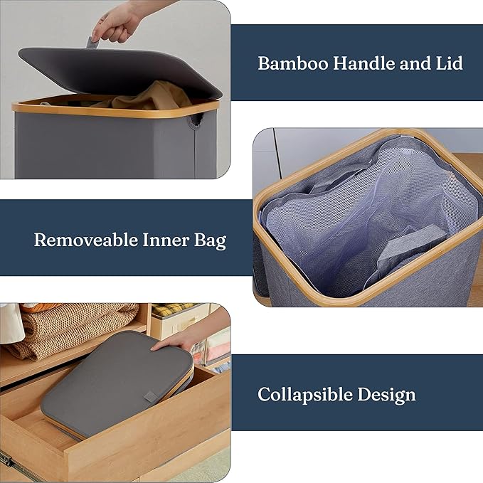 85L Slim Foldable Laundry Hamper with Lid, gray