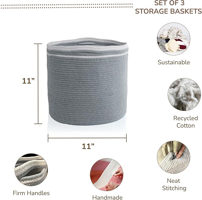 Eco Living Cotton Basket Set of 3, Cotton, 11x11x11, Gray