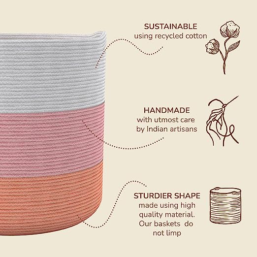 Cotton Basket without Lid Set of 3 Pink and White 11x11x11"