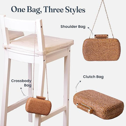 Handwoven Straw Clutch Purse with Detachable Chains